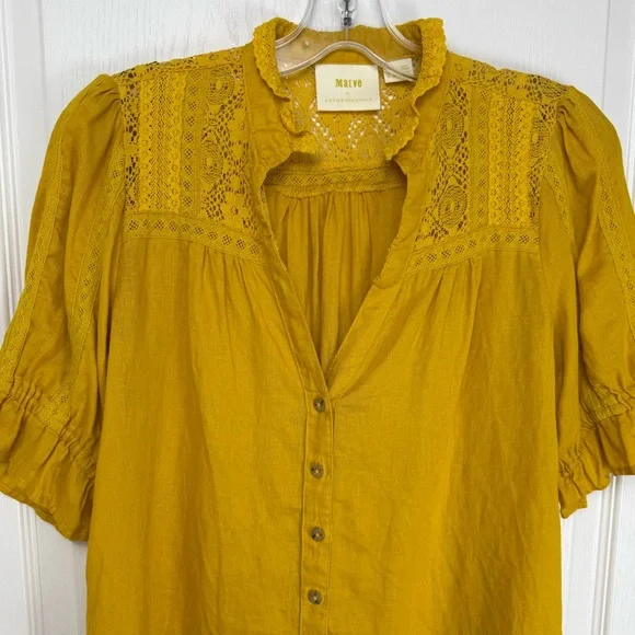 Anthro Maeve Magritte Linen Puff Sleeve Button Font Blouse Size 2 Yellow Gold - Picture 11 of 12